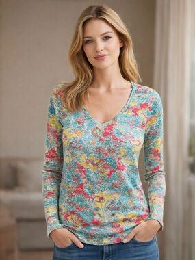 Lilly Pulitzer Elsa Top L Teal Multi Color V Neck Long Sleeve Shirt